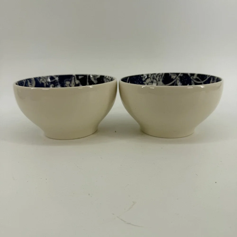 Pier 1 Batik Cereal Bowls Set of 2 Cream Navy Blue Floral Earthenware Brazil